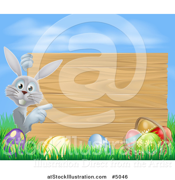 Vector Illustration of a Wood Sign, Gray Easter Bunny with Eggs Grass and Sky