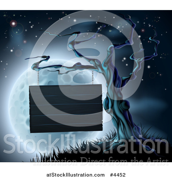 Vector Illustration of a Wood Sign Suspended from a Spooky Tree on a Hill Against a Blue Full Moon