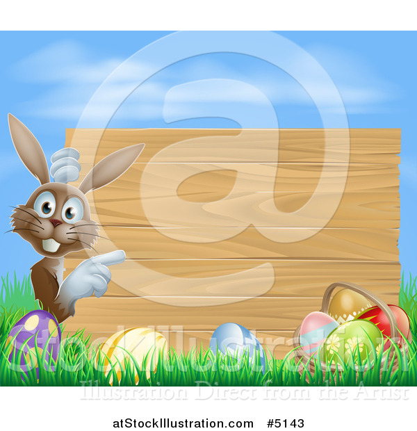 Vector Illustration of a Wood Sign with a Brown Easter Bunny, Eggs Grass and Sky