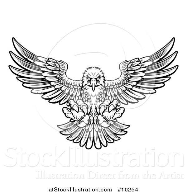 Vector Illustration of a Woodcut Black and White Eagle Swooping down with Talons Extended