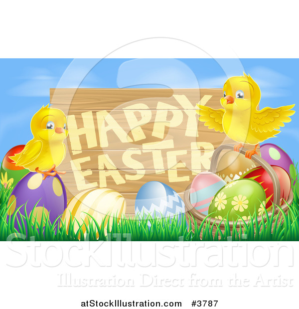 Vector Illustration of a Wooden Happy Easter Sign with Chicks and Easter Eggs Against Blue Sky