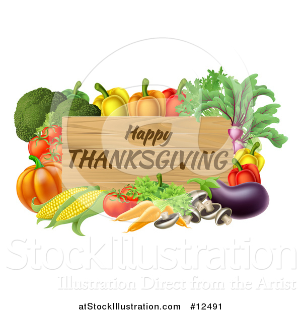 Vector Illustration of a Wooden Happy Thanksgiving Sign Framed in Produce Vegetables