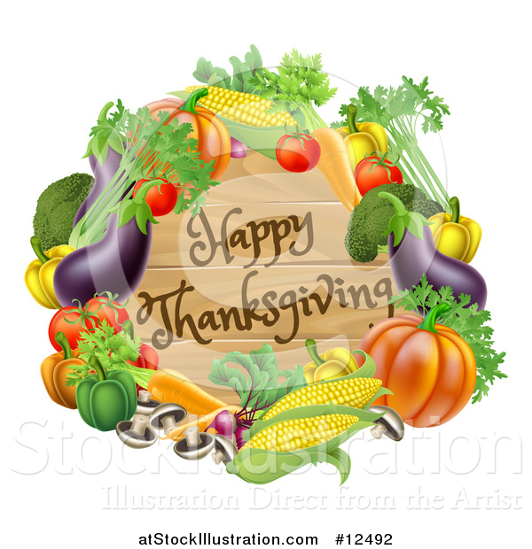 Vector Illustration of a Wooden Happy Thanksgiving Sign Framed in Produce Vegetables