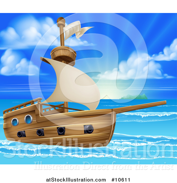 Vector Illustration of a Wooden Ship in a Beautiful Blue Sea at Sunrise or Sunset