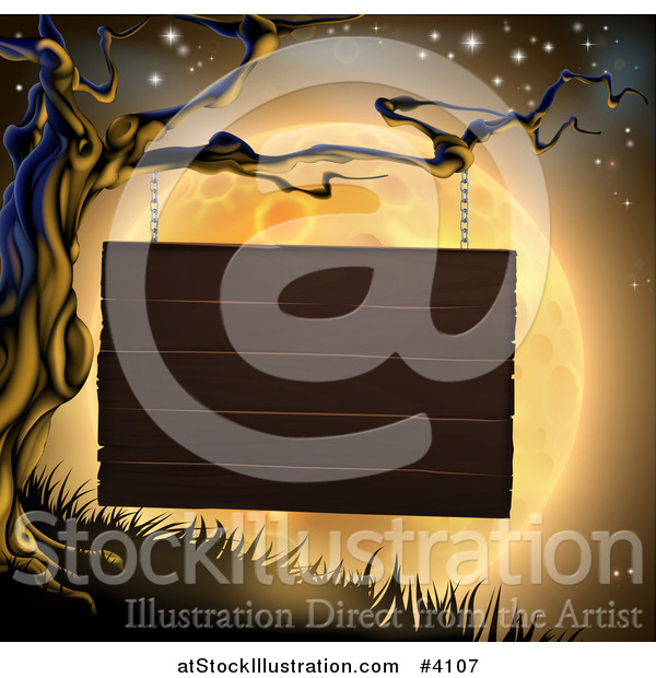 Vector Illustration of a Wooden Sign Hanging from a Spooky Tree Against an Orange Halloween Moon