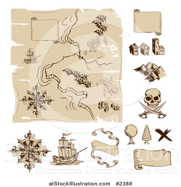 Vector Illustration of a Worn Old Treasure Map and Design Elements