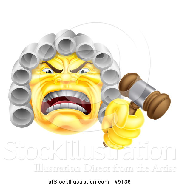 Vector Illustration of a Yellow Angry Judge Holding a Gavel Emoji Emoticon Smiley