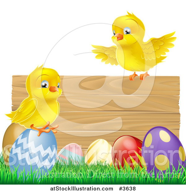 Vector Illustration of a Yellow Chicks and Easter Eggs on Grass by a Wood Sign