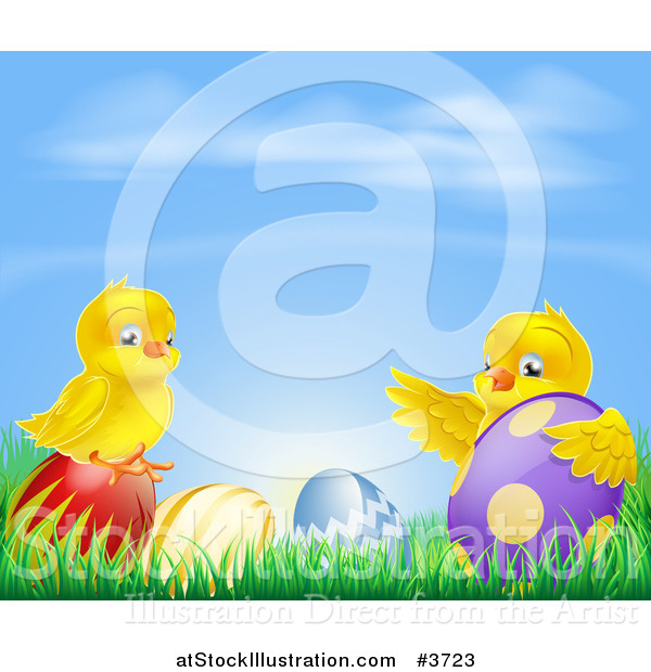 Vector Illustration of a Yellow Easter Chicks Playing in Grass with Eggs Under a Blue Sky