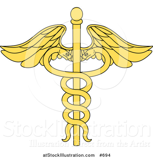 Vector Illustration of a Yellow Medical Caduceus with Double Helix Snakes