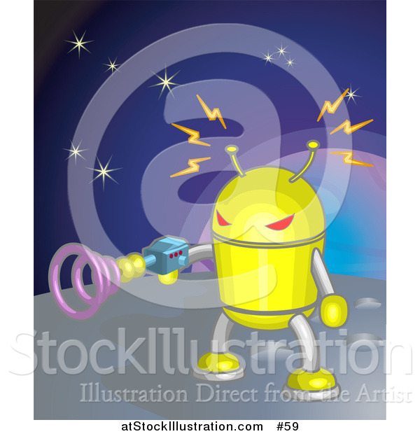Vector Illustration of a Yellow Robot Shooting a Gun While on a Planet in Space