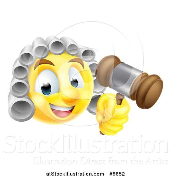 Vector Illustration of a Yellow Smiley Emoji Emoticon Judge Wearing a Wig and Holding a Gavel