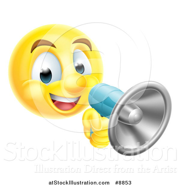 Vector Illustration of a Yellow Smiley Emoji Emoticon Using a Megaphone