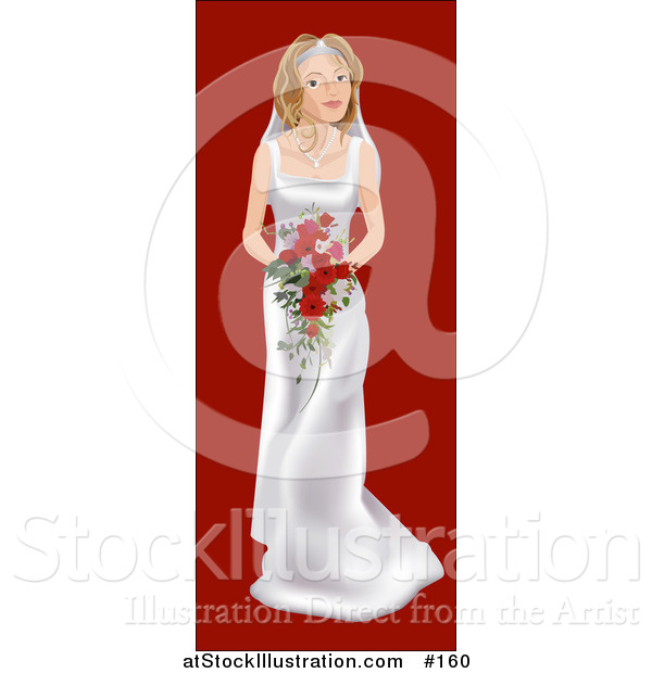 Vector Illustration of a Young Blond White Bride on Her Wedding Day, Wearing a White Dress and Holding a Bouquet of Red Flowers