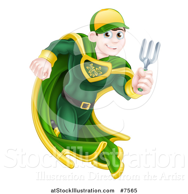 Vector Illustration of a Young Brunette Caucasian Male Super Hero Running with a Garden Fork or Hand Rake