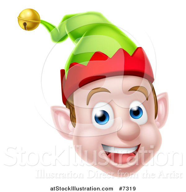 Vector Illustration of a Young Brunette White Male Christmas Elf Face