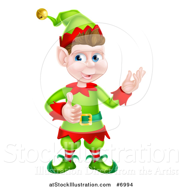 Vector Illustration of a Young Brunette White Male Christmas Elf Presenting and Giving a Thumb up