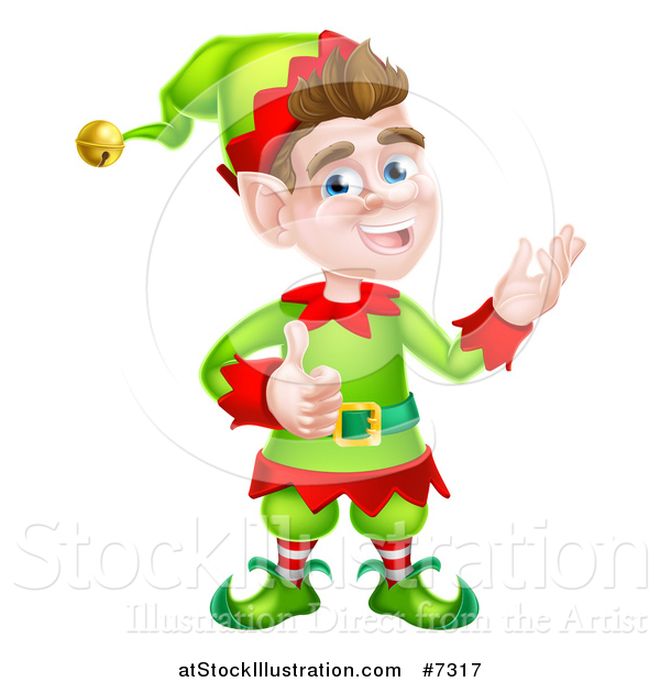 Vector Illustration of a Young Brunette White Male Christmas Elf Presenting and Giving a Thumb up