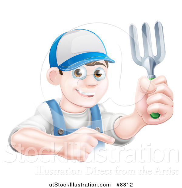 Vector Illustration of a Young Brunette White Male Gardener in Blue, Holding a Garden Fork and Pointing over a Sign