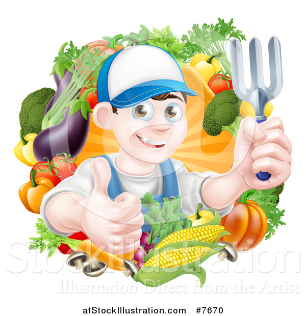 Vector Illustration of a Young Brunette White Male Gardener in Blue, Holding up a Garden Fork and Giving a Thumb up in a Wreath of Produce