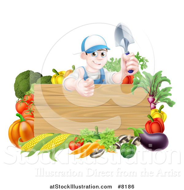 Vector Illustration of a Young Brunette White Male Gardener in Blue, Holding up a Garden Spade and Giving a Thumb up over a Blank Wood Sign with Produce