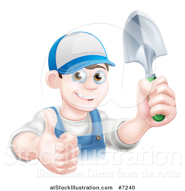 Vector Illustration of a Young Brunette White Male Gardener in Blue, Holding up a Shovel and Giving a Thumb up