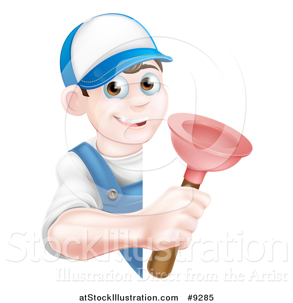 Vector Illustration of a Young Brunette White Male Plumber Holding a Plunger Around a Sign