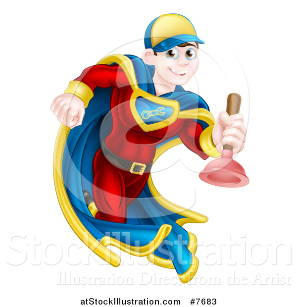 Vector Illustration of a Young Brunette White Male Plumber Super Hero Running with a Plunger