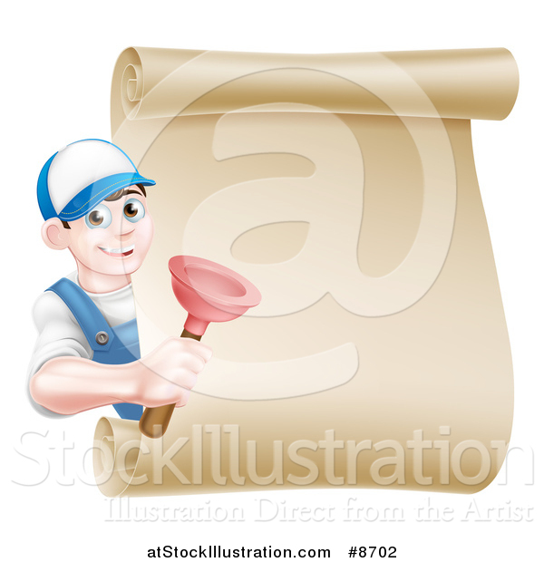 Vector Illustration of a Young Brunette White Male Plumber Wearing a Baseball Cap, Holding a Plunger Around a Scroll Sign