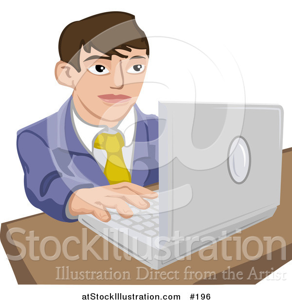 Vector Illustration of a Young Business Man Working on a Laptop Computer