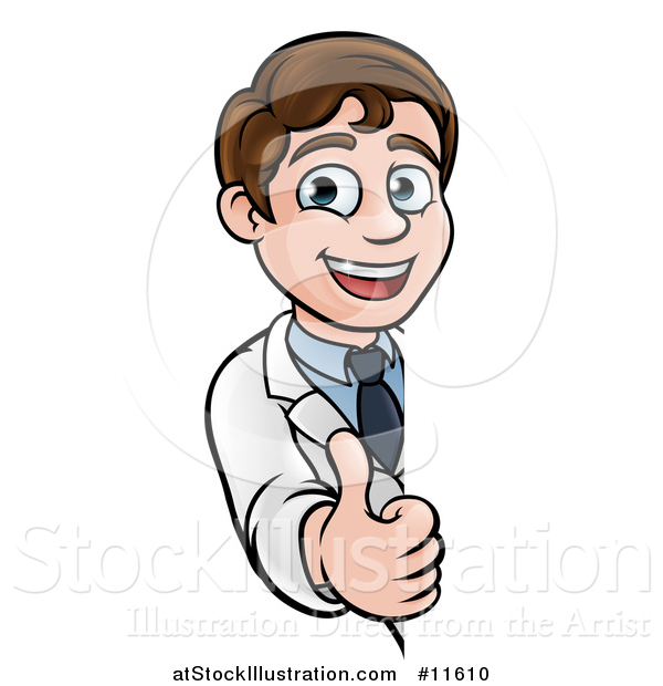 Vector Illustration of a Young Male Scientist Giving a Thumb up Around a Sign