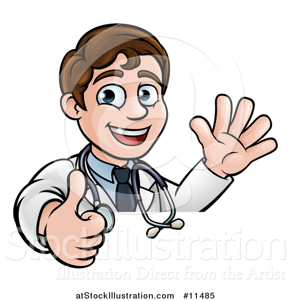 Vector Illustration of a Young Male Veterinarian or Doctor Waving and Giving a Thumb up over a Sign