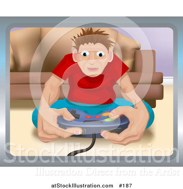 Vector Illustration of a Young Man Playing a Video Game and Sitting on the Floor