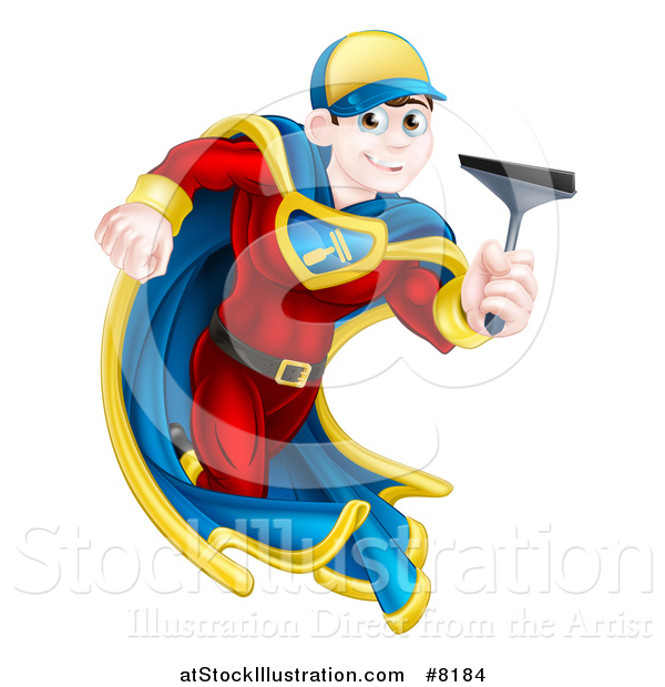 Vector Illustration of a Young Super Hero Brunette White Male Window Cleaner Running with a Squeegee