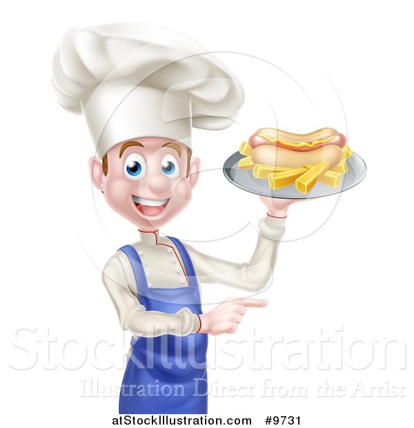 Vector Illustration of a Young White Male Chef Holding a Hot Dog and French Fries on a Platter and Pointing