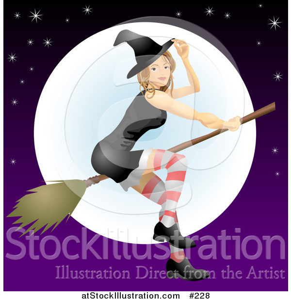 Vector Illustration of a Young Witch Flying on a Broomstick in Front of the Moon