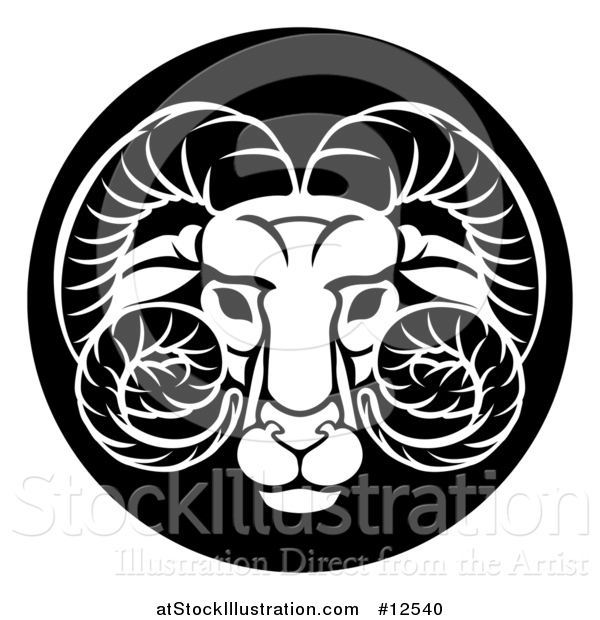 Vector Illustration of a Zodiac Horoscope Astrology Aries Ram Circle Design, Black and White