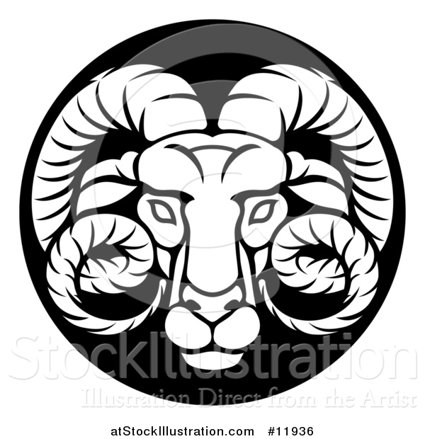 Vector Illustration of a Zodiac Horoscope Astrology Aries Ram Circle Design in Black and White