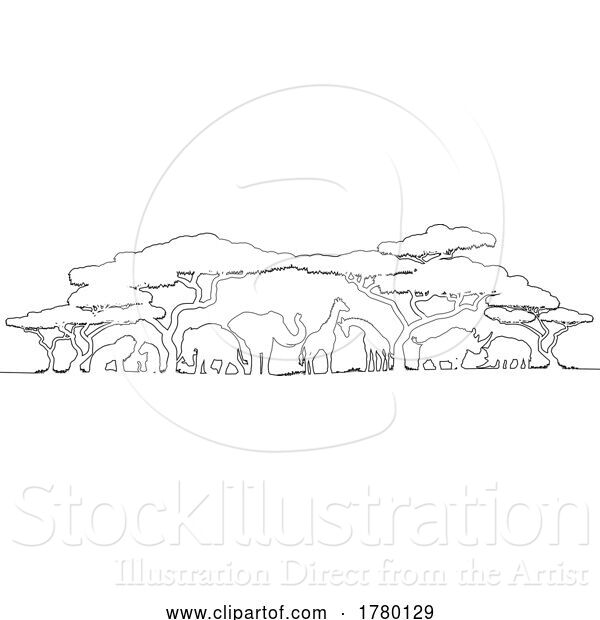 Vector Illustration of African Animal Africa Safari Scene Line Silhouette