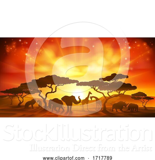 Vector Illustration of African Safari Animal Silhouettes Landscape Scene