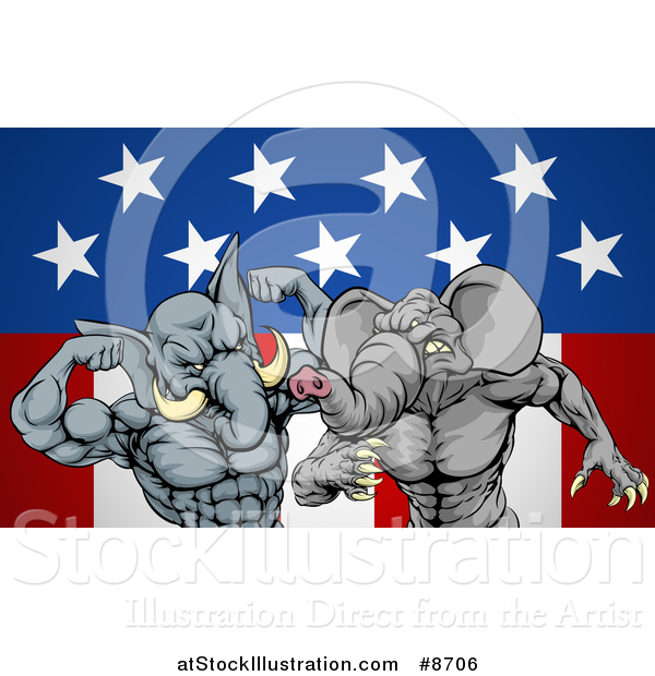 Vector Illustration of Aggressive Elephant Men Republican Candidates Fighting over an American Flag