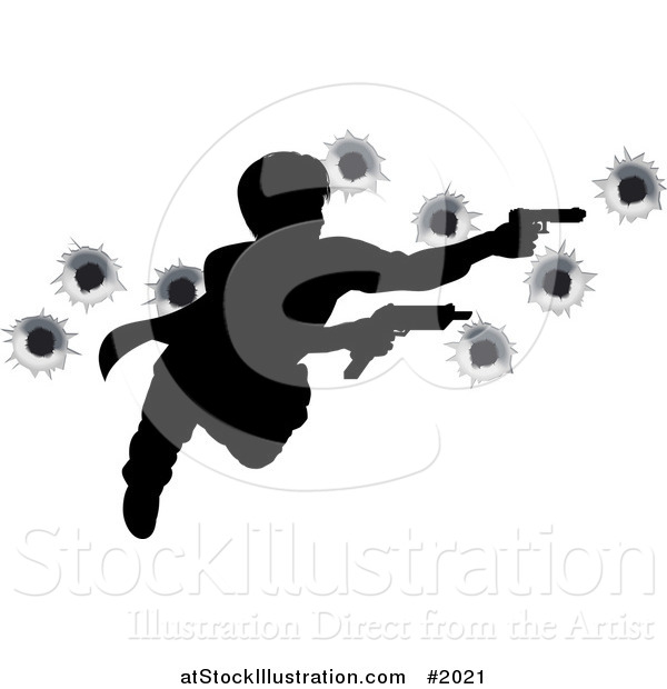 Vector Illustration of an Action Hero Leaping Through the Air and Shooting, with Bullet Holes
