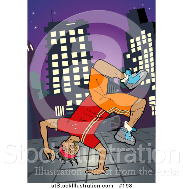 Vector Illustration of an African American Breakdancer Doing a One Handed Handstand on a Sidewalk at Night