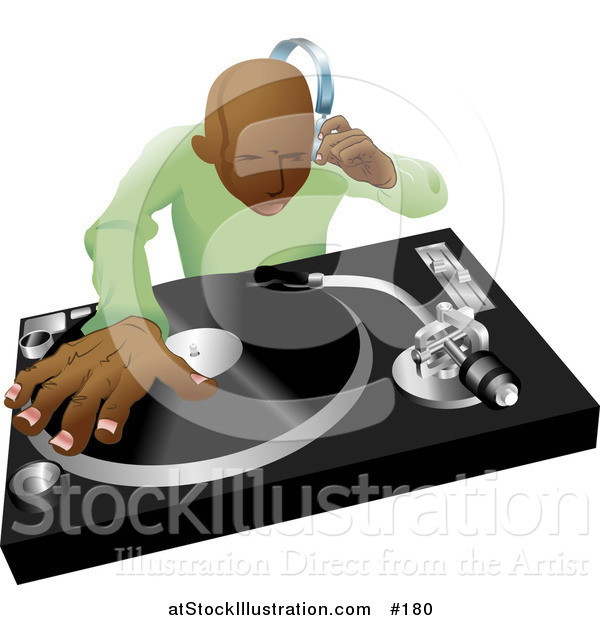 Vector Illustration of an African American DJ Mixing His Records and Listening Through Headphones