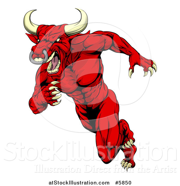 Vector Illustration of an Aggressive Angry Red Bull Man Mascot Running Upright