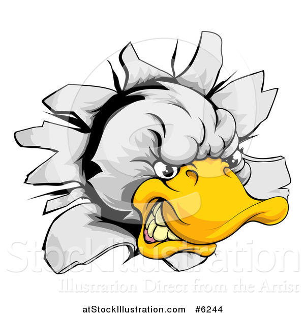 Vector Illustration of an Aggressive Duck Mascot Breaking Through a Wall