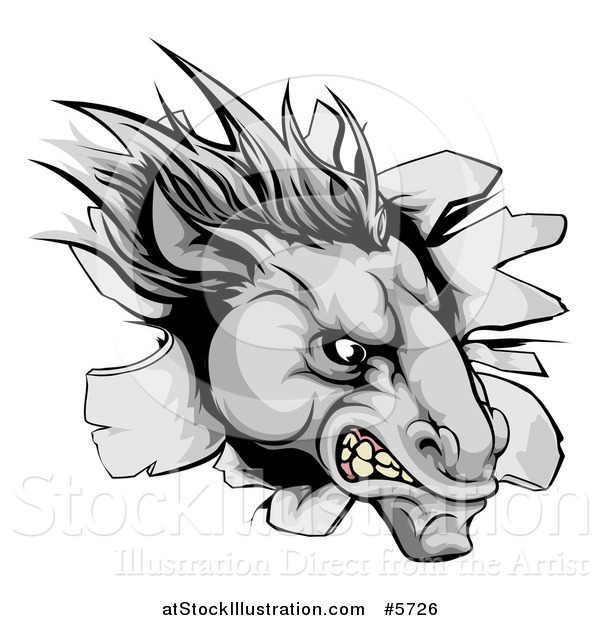 Vector Illustration of an Aggressive Gray Horse Stallion Breaking Through a Wall