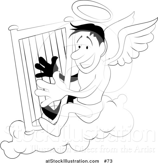 Vector Illustration of an Angel with a Halo Playing a Harp - Black and White Version