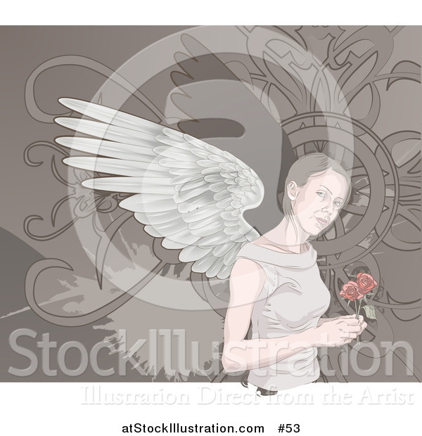 Vector Illustration of an Angelic Woman with Wings, Holding Roses