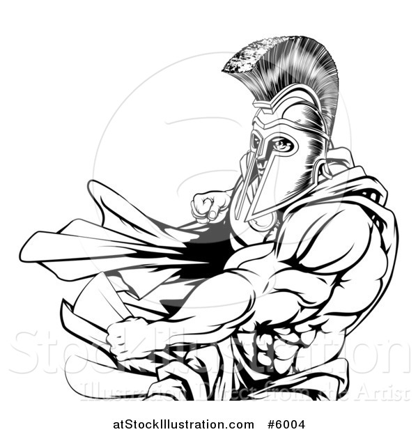 Vector Illustration of an Angry Black and White Strong Spartan Warrior Punching